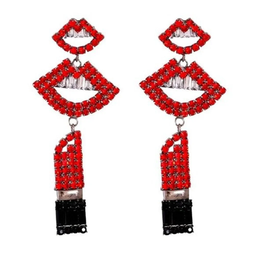 SOLD OUT💔Callie LIPS: GLOSSED & Dangling Red & Pink Jeweled Rhinestone Earrings - Picture 1 of 7